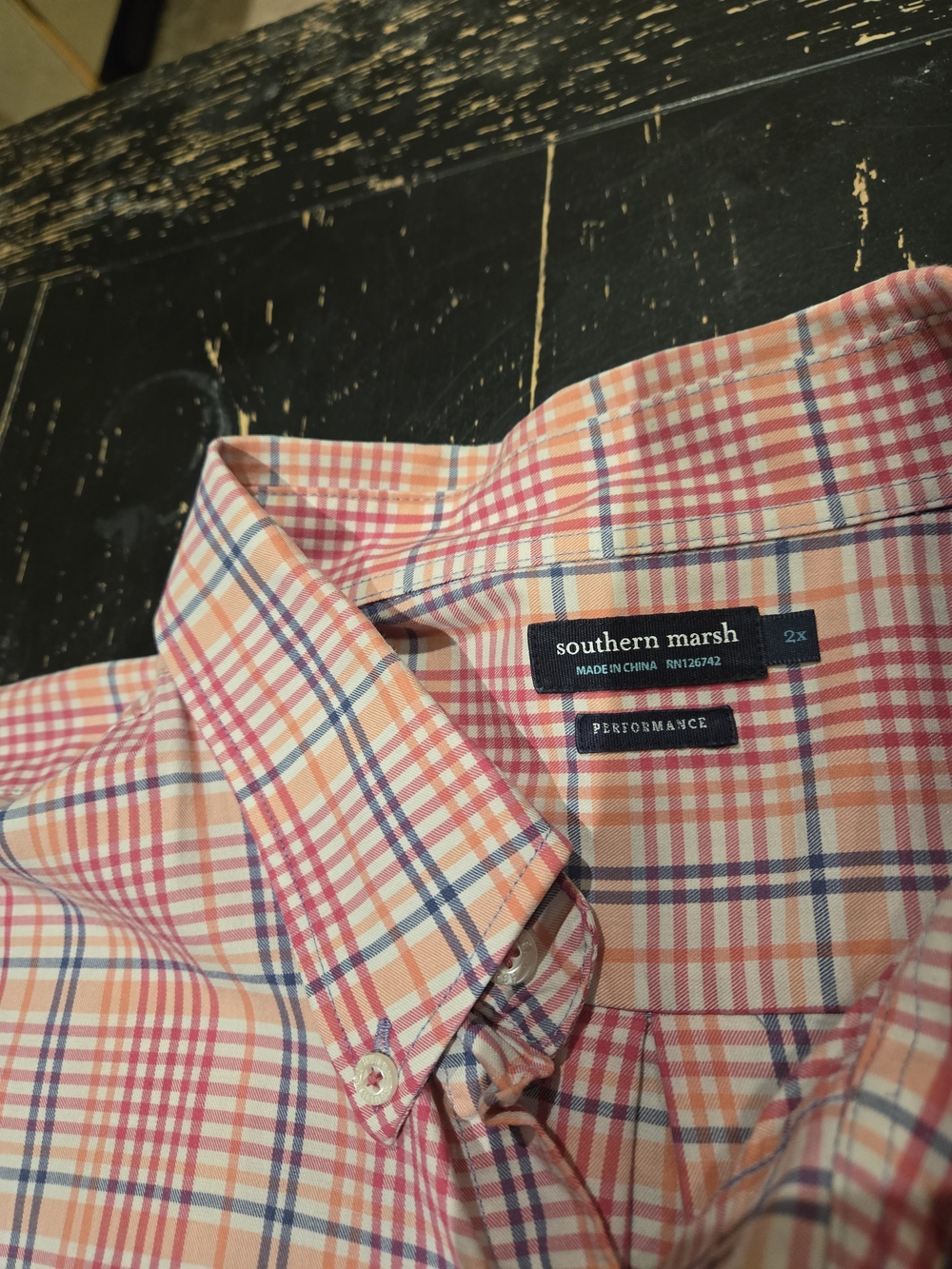 Southern Marsh Men's Peach, Pink & Blue Performance Plaid Button-Down 2X